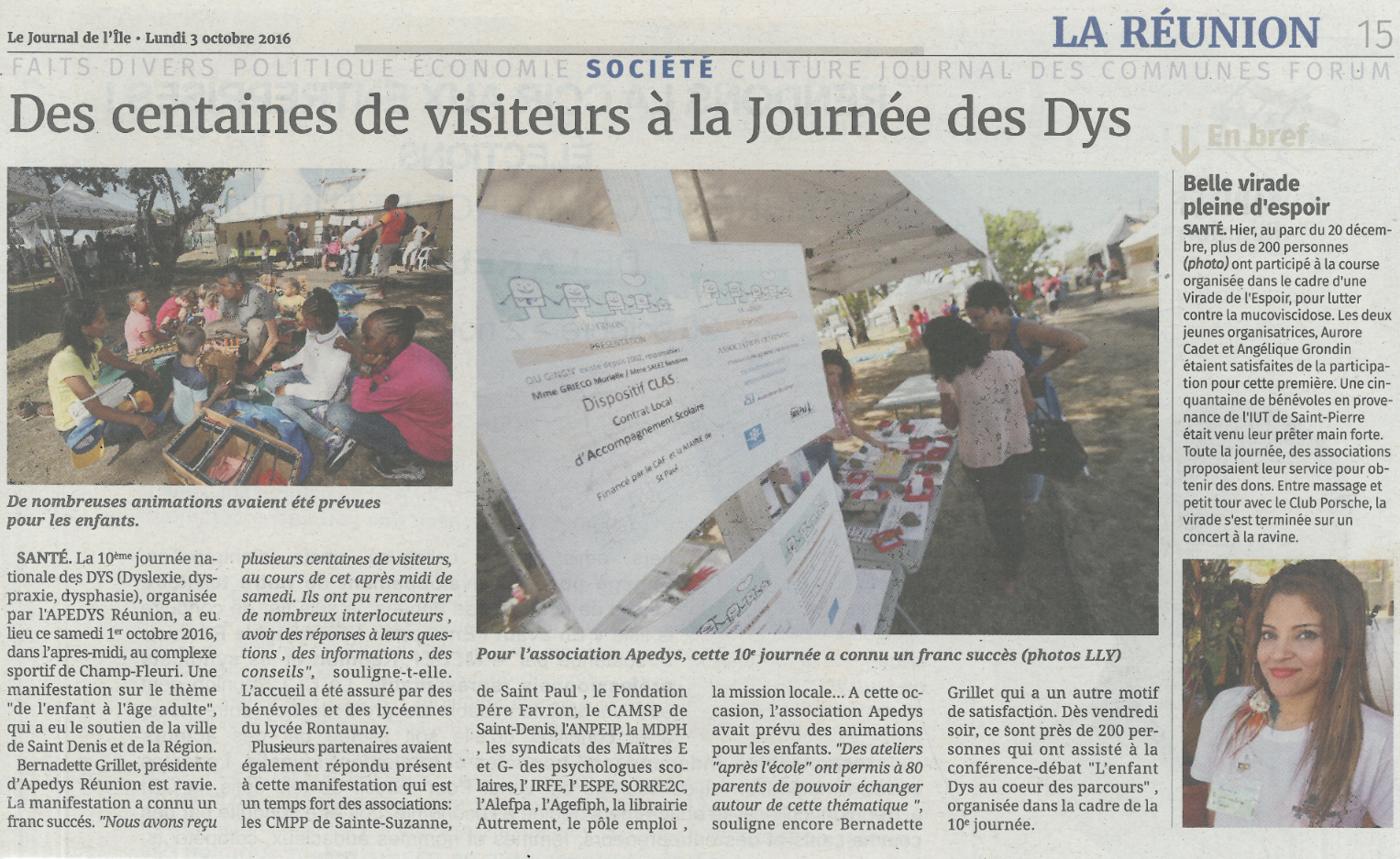 Article du Journal de l'ile - 03/08/2016 - Journée des DYS